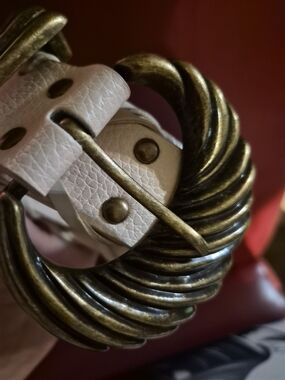 White Leather Belt with Antique Brass Twisted Buckle - Venus